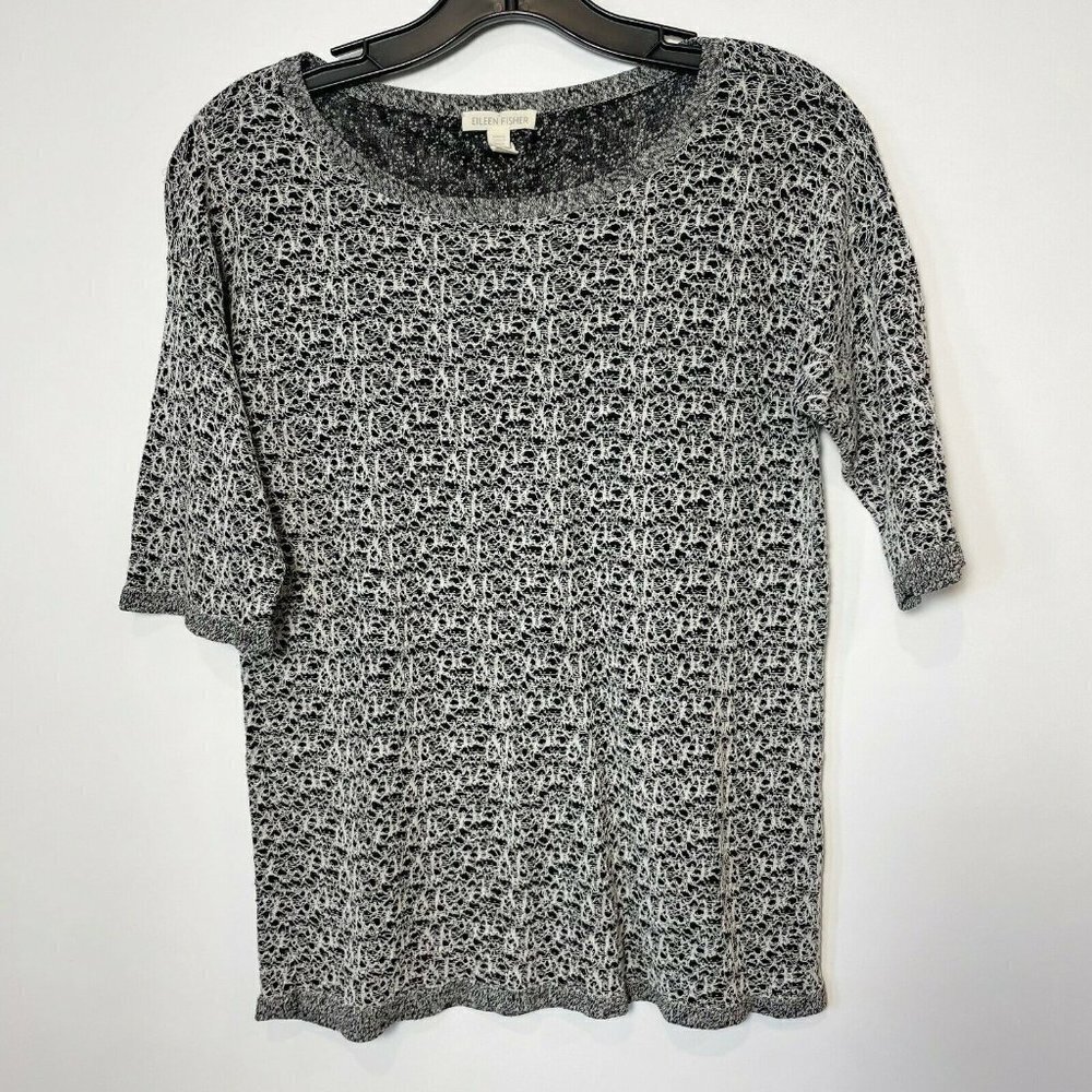 Eileen Fisher Womens Organic Linen Pullover Sweater Black S Knitted Short Sleeve